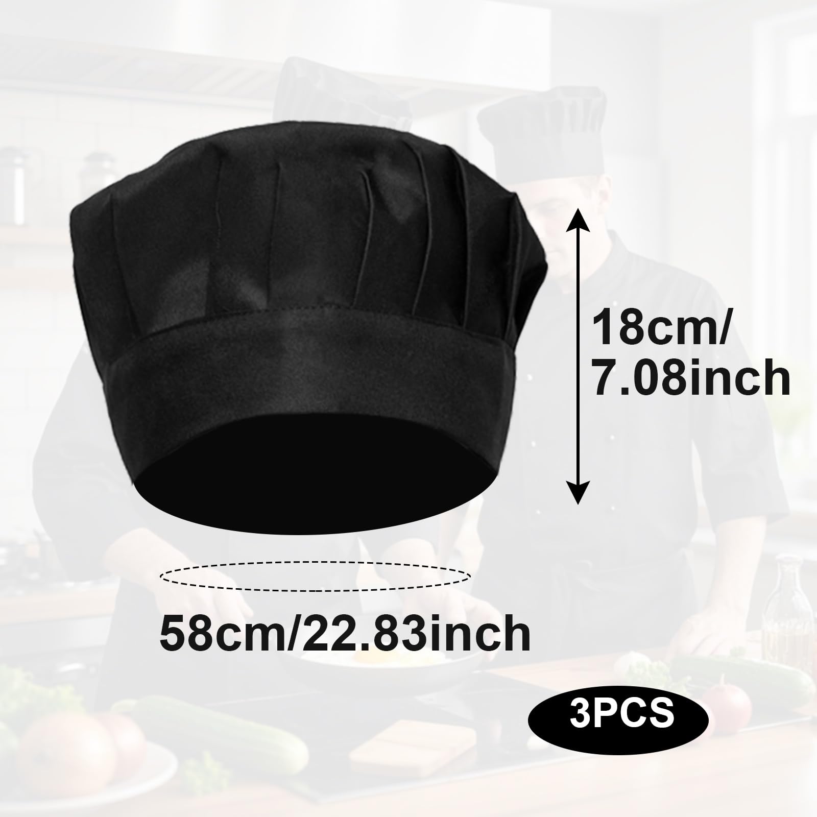 3 Piezas Gorro de Cocinero Unisex, Gorro De Chef, Sombrero de Cocinero Ajustables en Algodón Elástico, Uniforme de Cocina, Gorros de Chef para Hornear, Fiesta, Cocina, Restaurante (Negro)