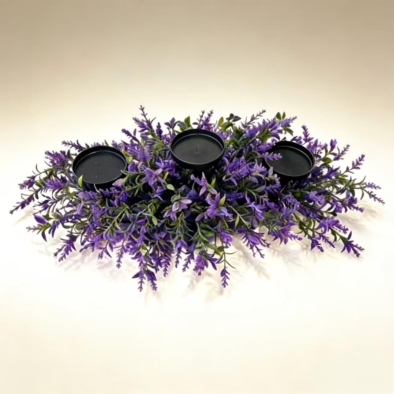 Artificial Lavender Centerpiece with 3 Candle Holders, Purple, 23.62x12 Inch, Rustic Farmhouse Floral Arrangement for Dining Table, Mantel, Wedding