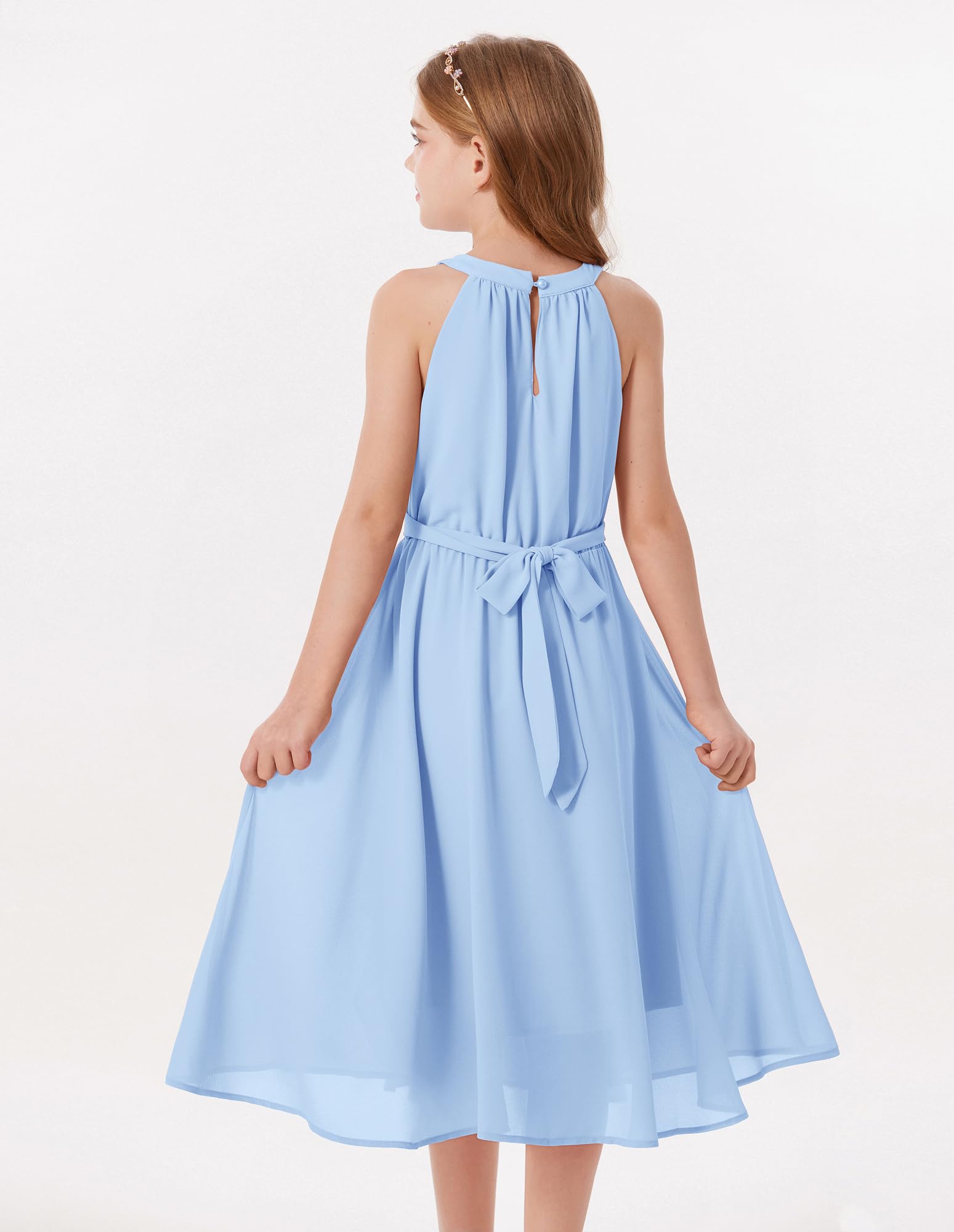 GRACE KARIN Mädchen Chiffon Kleid, Trägerhals und Längsrüschen, A-Linie für Festliche oder sommerliche Anlässe