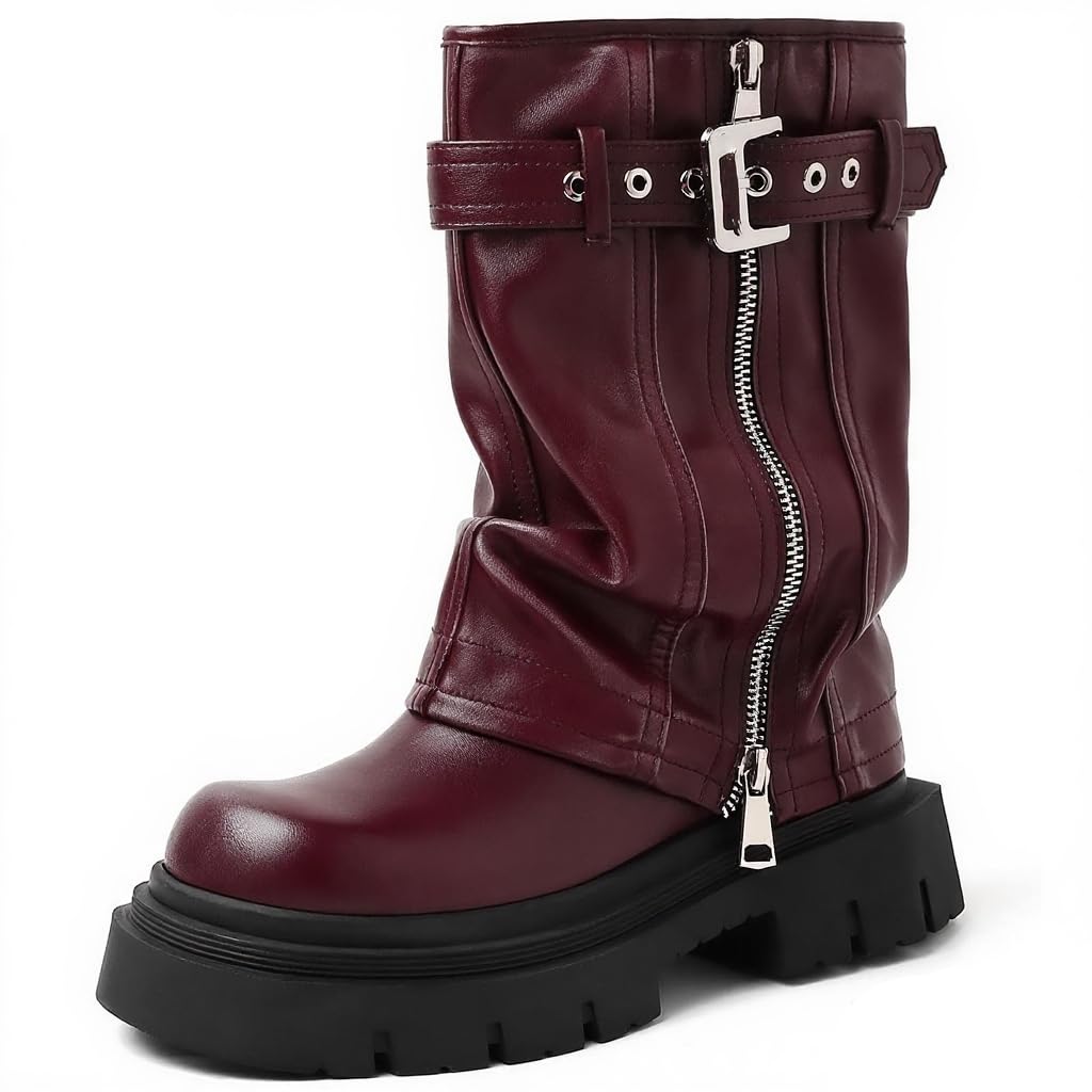 YIYA Womens Platform Fold Over Biker Mid Calf Boots Belt Buckle Square Toe Chunky Heel Zipper Short Motorcycle