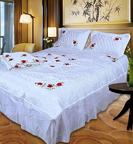fashionadobe Satin White Gold Printed Double Bed Bedding Wedding Set (Set of 4 pcs) 1 Double Bed Bedsheet:: 2 Pillow Cover:: 1 Double Bed AC Comforter