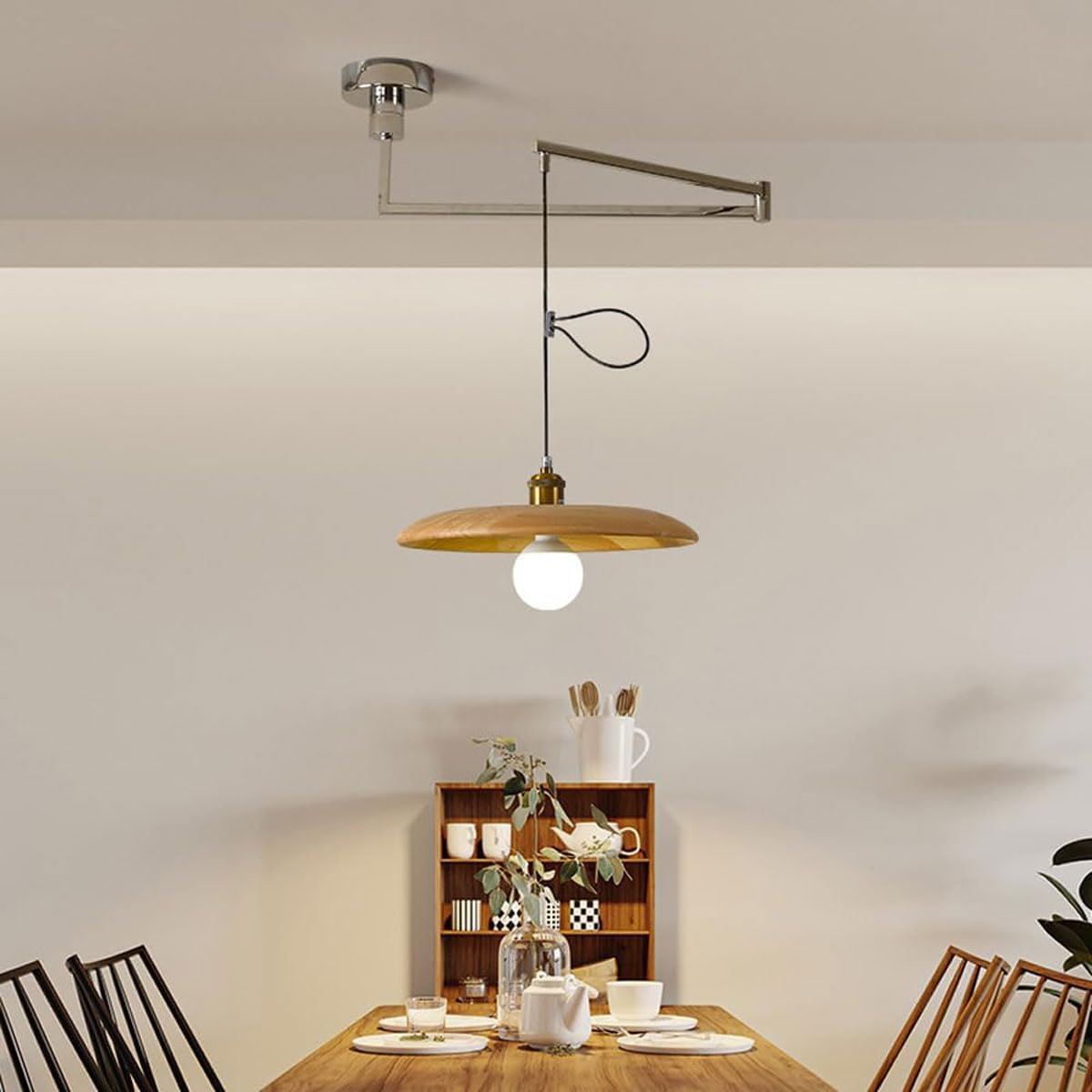 Nowoczesna regulowana drewniana lampa wisząca z połowy wieku - vintage przemysłowa lampa sufitowa z ramieniem obrotowym do jadalni kuchni wyspa restauracji żyrandol oświetlenie