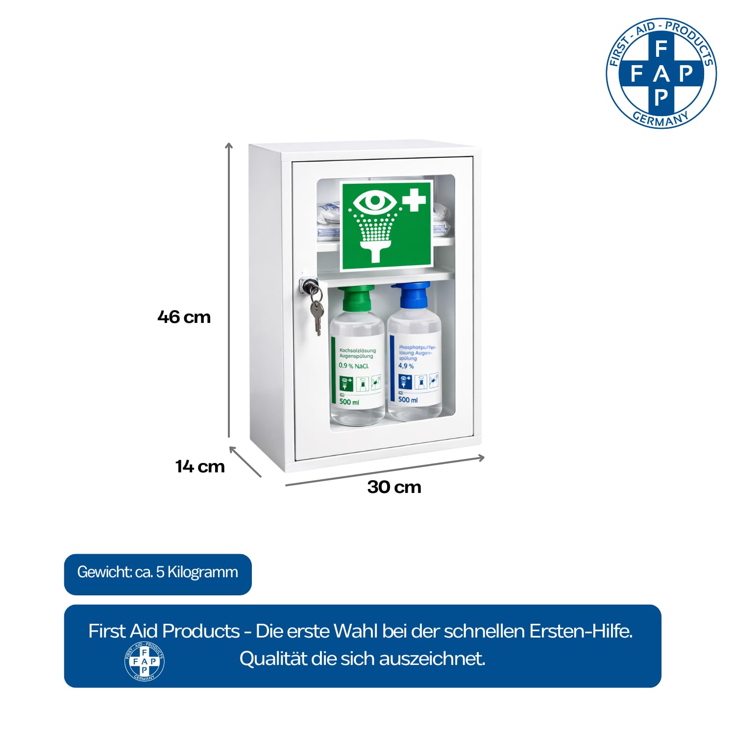 First Aid Products Erste Hilfe Augenspülschrank mit Sichtfenster, 2x Augendusche 500ml: Natriumchlorid- & Phosphatpuffer Lösung & Erste Hilfe Nachfüllset DIN 13157:2021, Metall & pulverbeschichtet