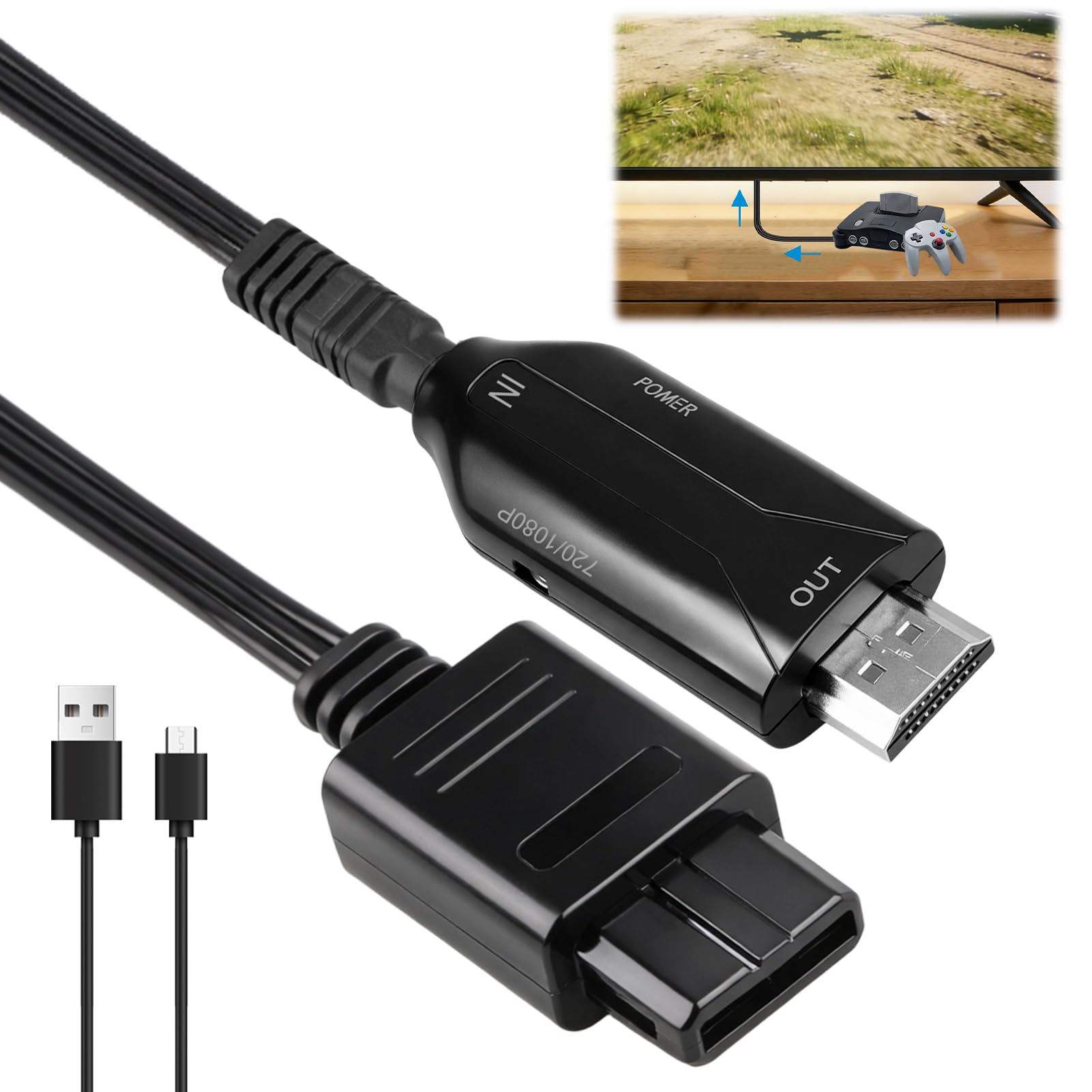 N64 vers HDMI Convertisseur Câble Convertisseur N64 vers HDMI avec Cable 1,5 M Adaptateur Vidéo Audio 1080P pour Consoles de Jeux N64 NGC SNES Gamecube Plug and Play - 2