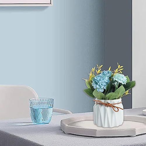 Miniatura 6 de Fumwase Ramo de hortensias artificiales con pequeño jarrón de cerámica, plantas de flores artificiales, mini flores de hortensias falsas, decoración