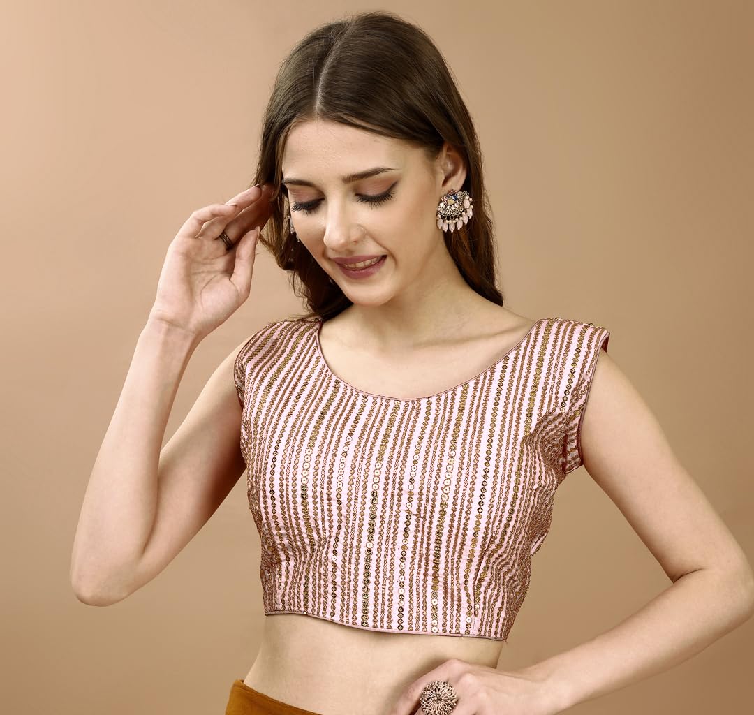 Pujia Mills Women's Sequin Embroidered U Neck Sleeveless Readymade Saree Blouse Indian Ethnic Designer Stitched Women's White Blouse For Women