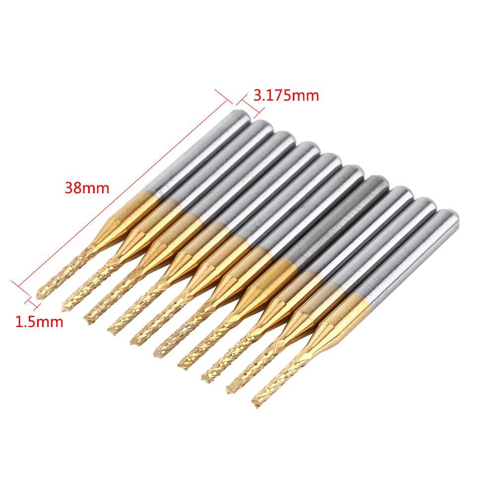 CHICIRIS Fraise en bout en carbure, 10pcs 1.5mm tranchant Fraise en bout CNC P-CB Gravure Bit Tungsten Coating 1/8"Shank