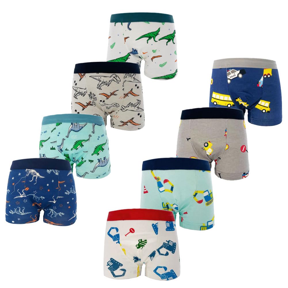 Fedmois Boys Dinosaurs And Auto Knickers Cotton Boxer Briefs Underpants Underwear (Pack Of 8), 2-3 Years