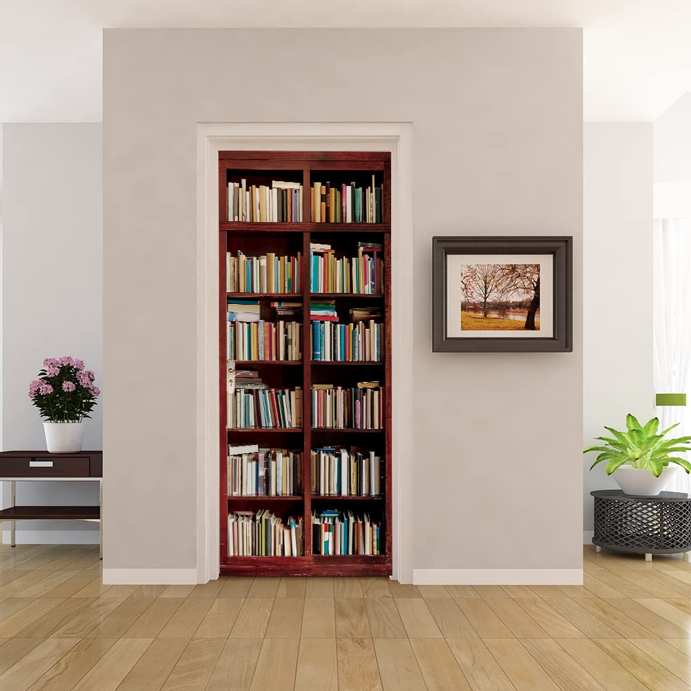 Poster trompe l'oeil porte effet 3D bibliothèque pour sublimer votre decoration de salon