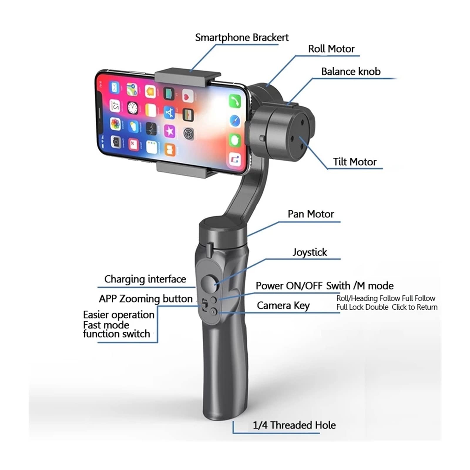 F6 3 Axis Gimbal Estabilizador de Mano Teléfono móvil Grabación Video Smartphone for cámara acción Vlog Live Transmisión en Vivo(F6 Standard)
