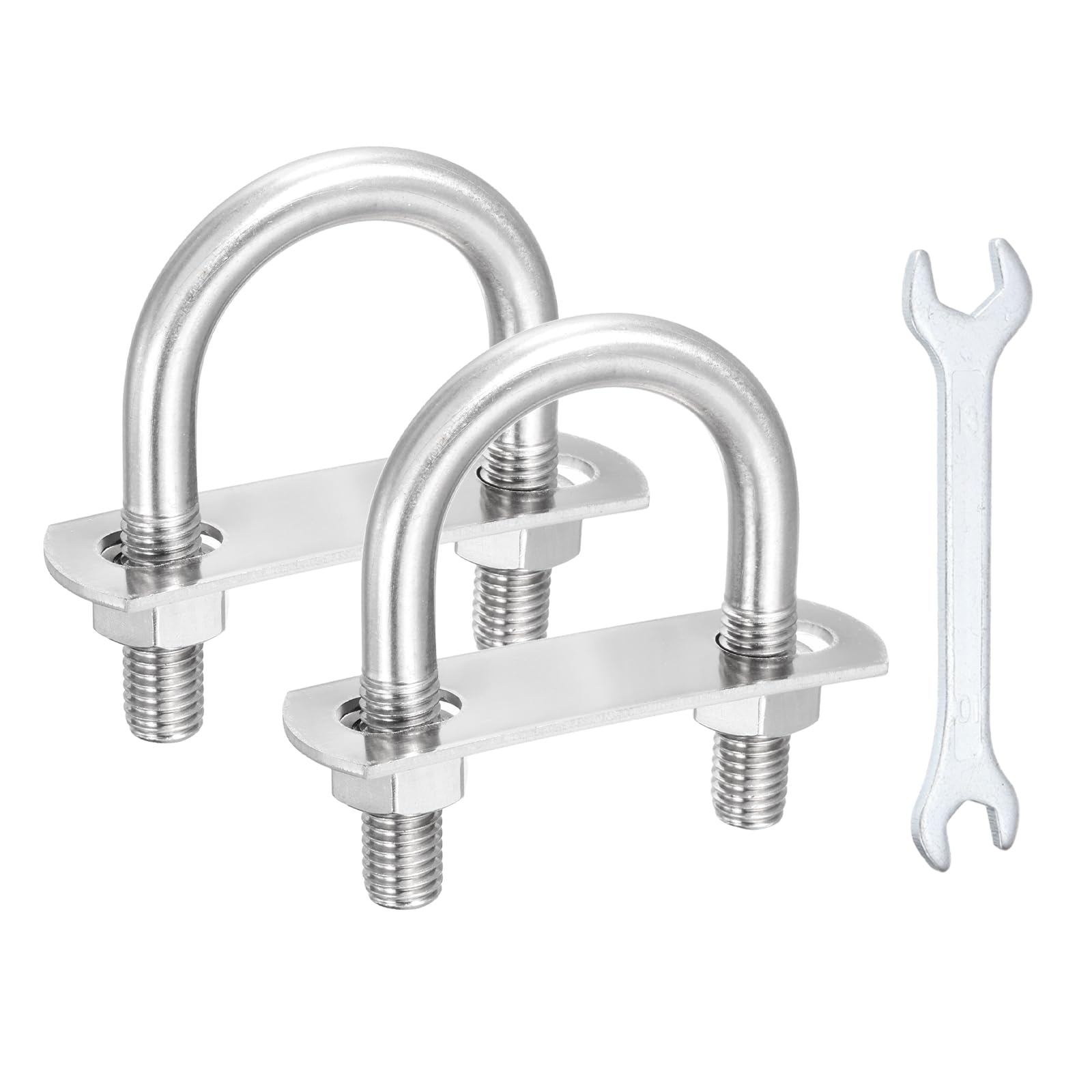 sourcing map 2Pcs M10 U-Bolts, 2.56"(65mm) Inner Width 2.56"(65mm) Length 304 Stainless Steel Round Bend U Bolts with Nuts Frame Plate Washers and Wrench for Trailers Boats Axle Sailboat — image 1