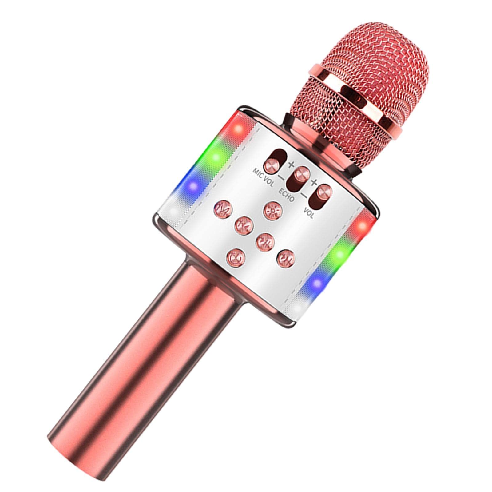 Mikrofon do karaoke 4 w 1, profesjonalna jakość dźwięku i LED, przenośny mikrofon dla dzieci i dorosłych, idealny na imprezy domowe - różowe złoto biały