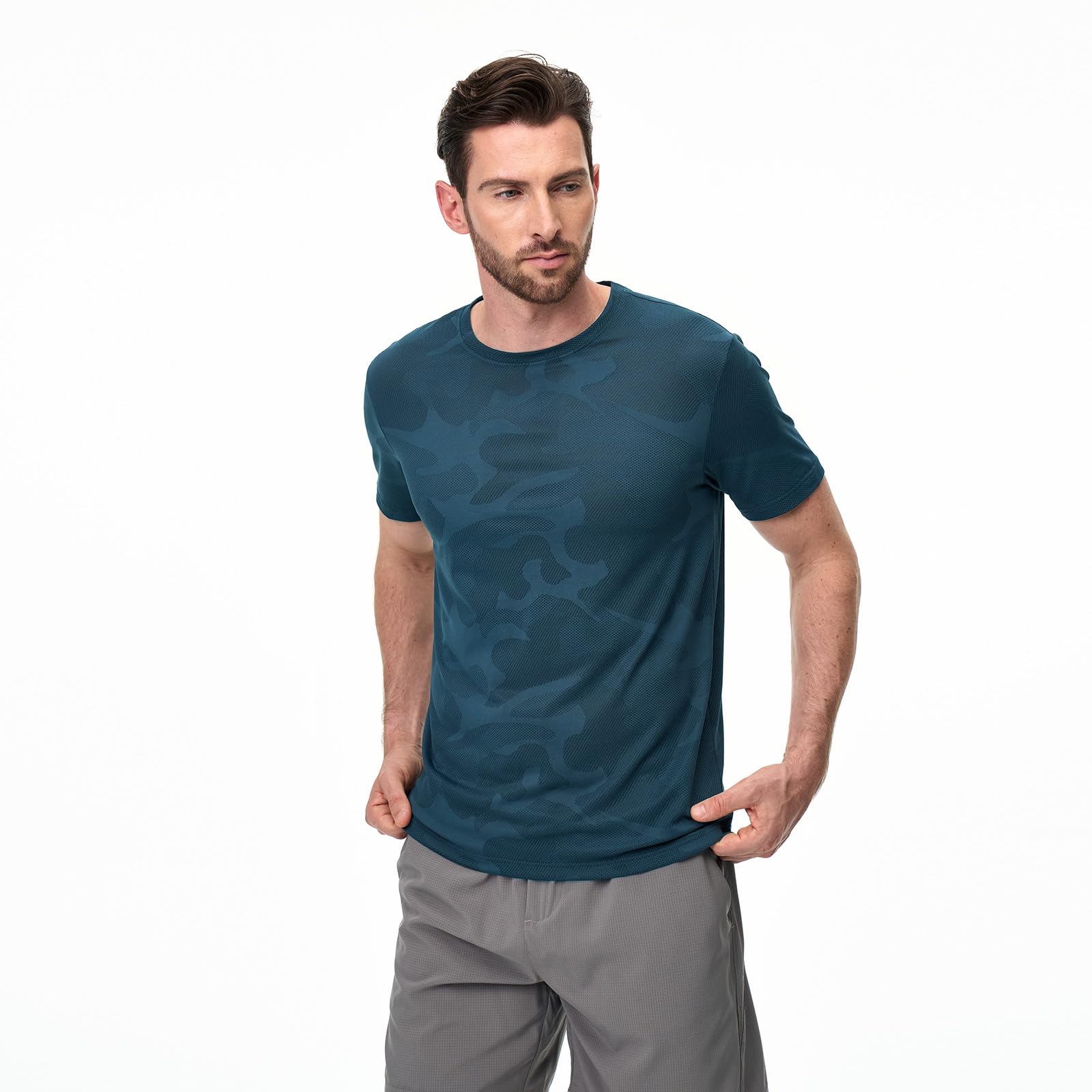 Superora Paquete de 3 camisetas deportivas para hombre, de secado rápido, para correr, entrenamiento, manga corta, malla transpirable con patrón de camuflaje jacquard — view 2