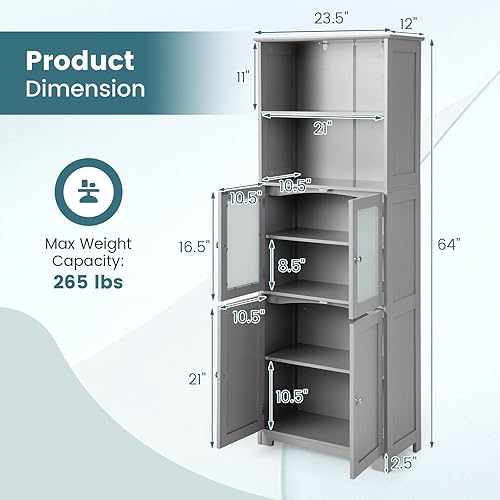 Miniatura 3 de LOKO Armario alto de baño, organizador de almacenamiento moderno con puertas y estantes abiertos, armario de piso de madera con estantes ajustables