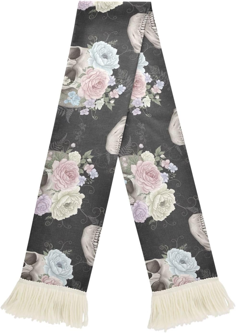 CHIFIGNO Skulls Pastel Flowers Roses Sports Fan Scarf Towel, Soft Quick Dry Polyester Cheering Scarf for Soccer Games, Fringed Rally Towel