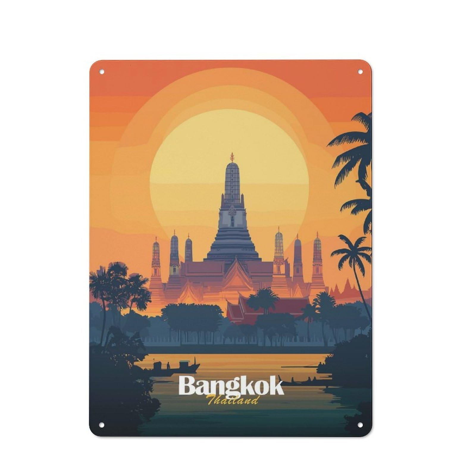 Junmoney Style-21 Bangkok Sunset Temple Printed Metal Sign 40X30cm For Café Or Home Bar, For Kitchen And Home Bar Decor, For Cafés, Pubs And Restaurants