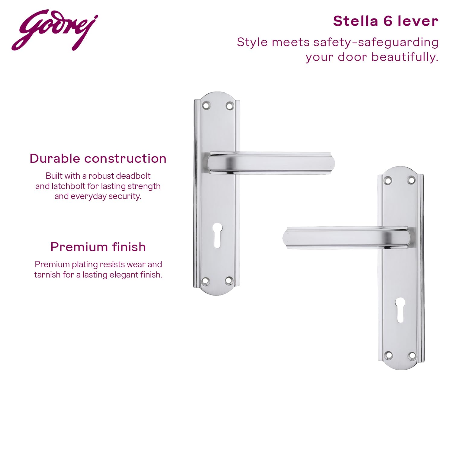 Godrej Mortise Door Lock Handle Set | 180mm Stella | 6-Lever Locking Mechanism | Reversible Latchbolt | Suitable for Left & Right Handed Doors (Satin Steel Finish) | 1 Year Warranty — Amazon image 2