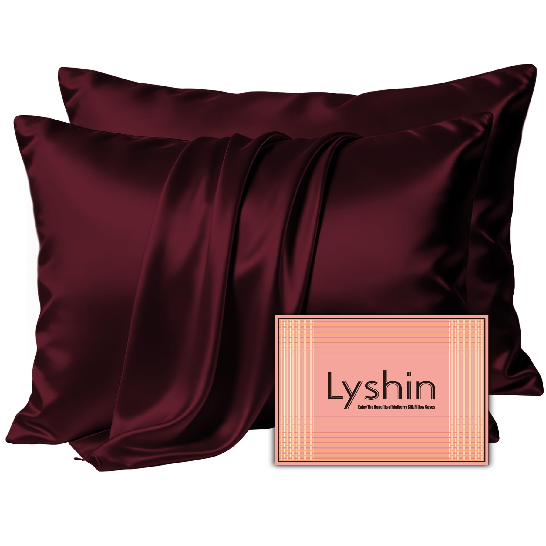 LYSHIN Silk Pillow Cases 2 Pack Queen Size with Zipper, Burgundy