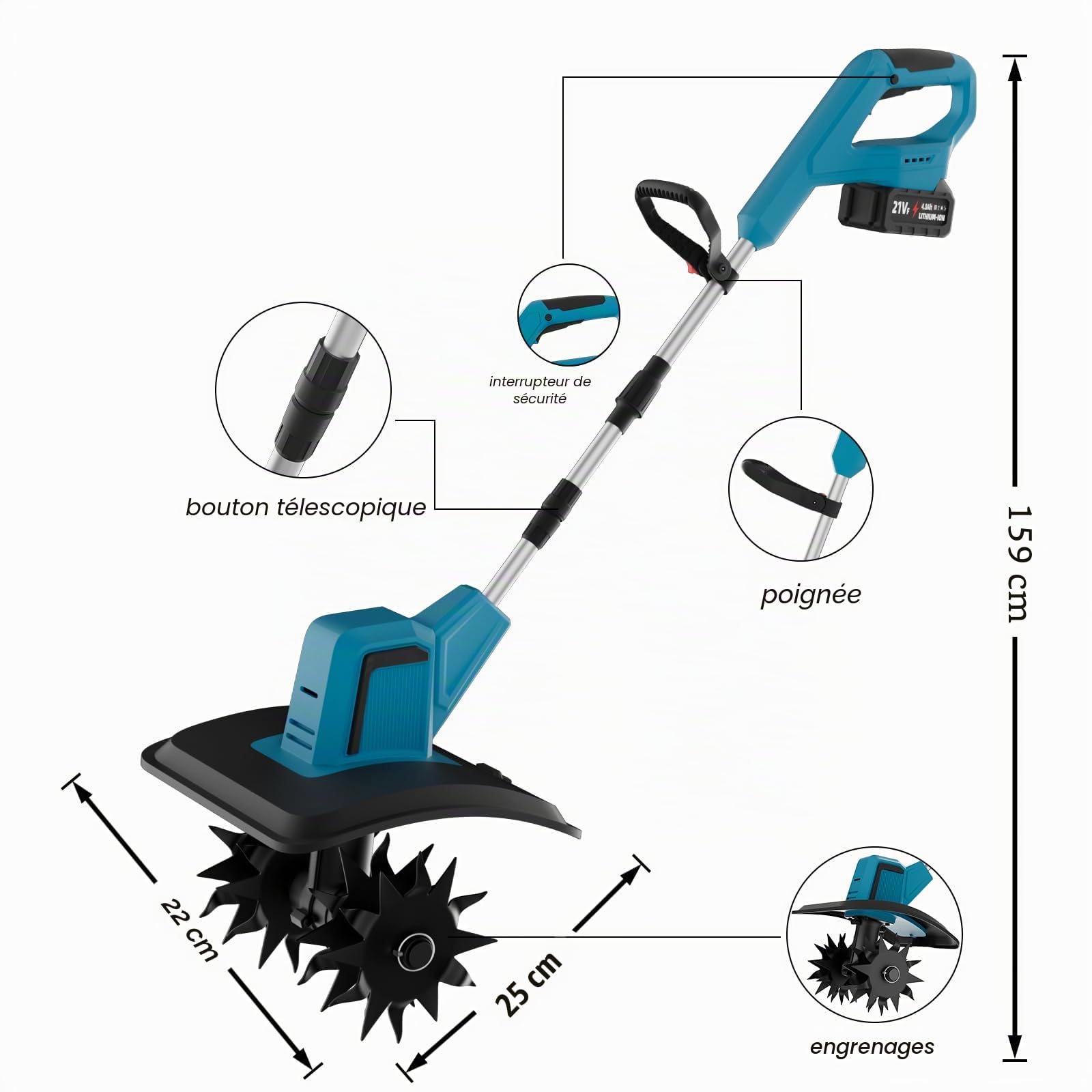 Hachoir de sol sans fil pour Makita 18 V, 550 W, profondeur de travail du sol, largeur d'usinage de 20 cm, 360 tr/min, profondeur de fraisage avec poignée supplémentaire réglable