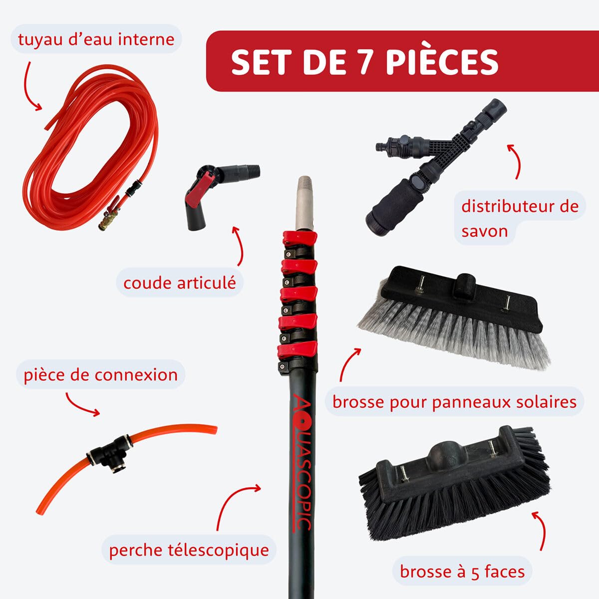 Aquascopic Manche Télescopique en Aluminium 5,4 m – Brosse à Panneaux Solaires & Vitres – Manche Léger et Réglable pour Nettoyage Toit, Camping-Car, Serre, Voiture