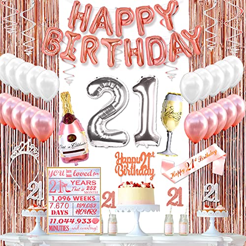 21st Birthday Decorations 21st Birthday Party Decorations Supplies Kit, Crown, Sash, Balloons, Cake Toppers, Banner, Rose Gold 21st Birthday Decorations
