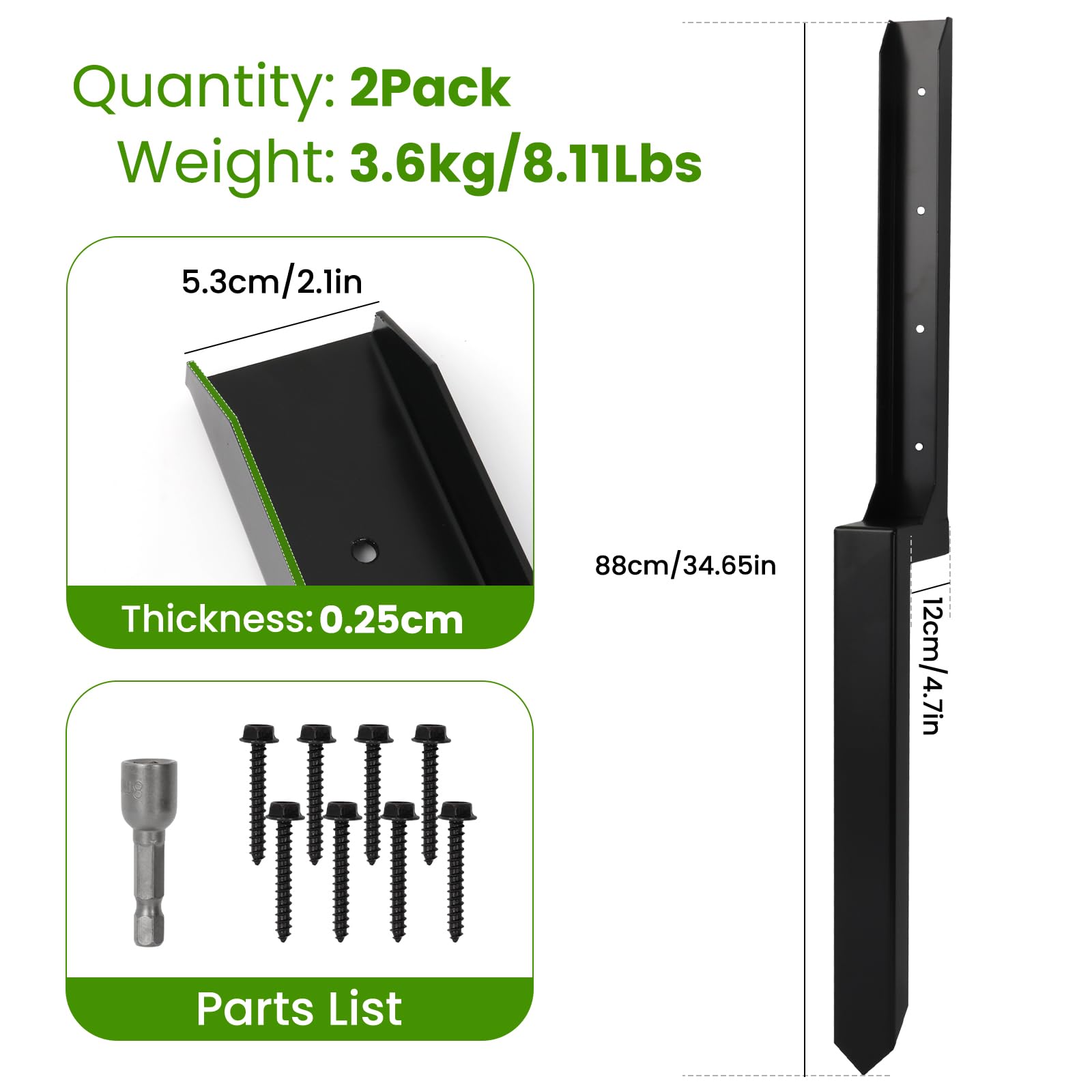 2 Pack Heavy Duty 88CM Fence Post Repair Stakes - Galvanised Steel Ground Spikes for Tilted/Broken Wooden Fence Posts - Includes Screws & Installation Tools — view 2
