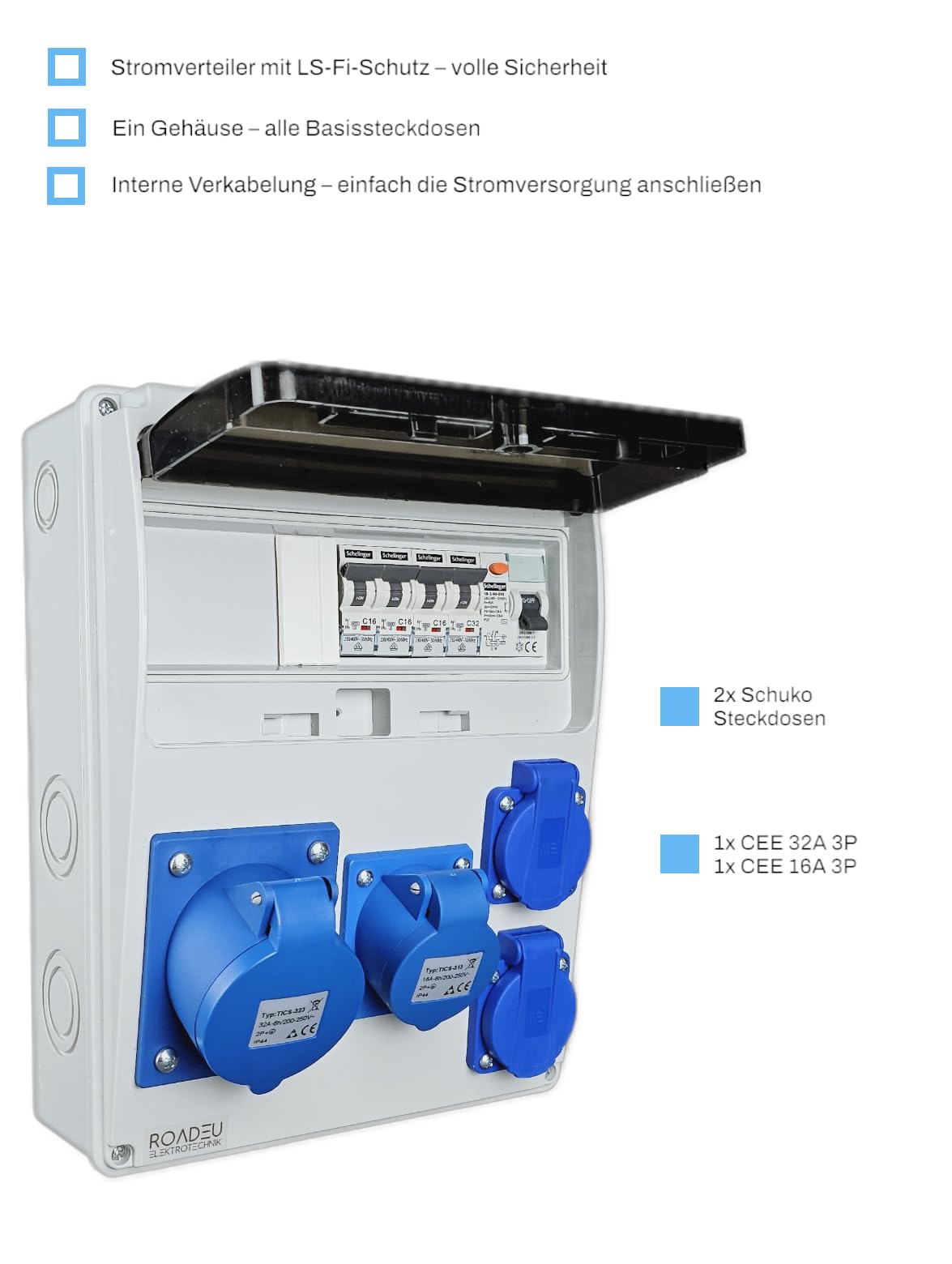 RoadEu - Stromverteiler 230V. Einphasig CEE 32A, 16A 3P Steckdose und 2x Schuko Steckdose mit Sicherungsautomat Steckdosenverteiler mit FI Schalter. Steckdosen integriert mit Sicherungskasten.