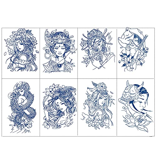 2 Weeks Tattoo Arm Fake Semi-Permanent Temporary Tattoos Stickers, 8 Sheets Waterproof & Last 1-2 Weeks Blue Japanese Geisha Samurai Women Flower Lotus Tattoos (With 10 Sheets Ordinary Tattoo Stickers) #TOP6