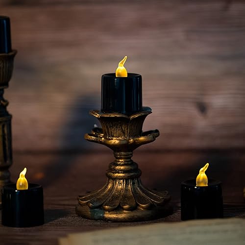 Miniatura 5 de LANKER Paquete de 24 velas de té negras, luces amarillas cálidas parpadeantes, sin llama, velas LED falsas que funcionan con pilas, decoración para