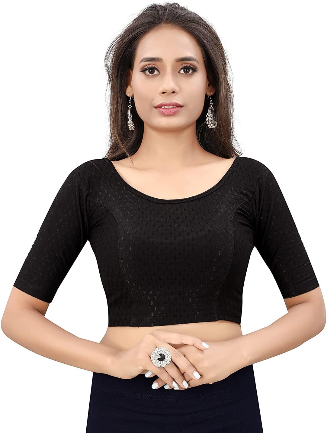 Bhochi Round Neck dobbyCotton Lycra Stretchable Elbow Sleeve Readymade Blouse for Women