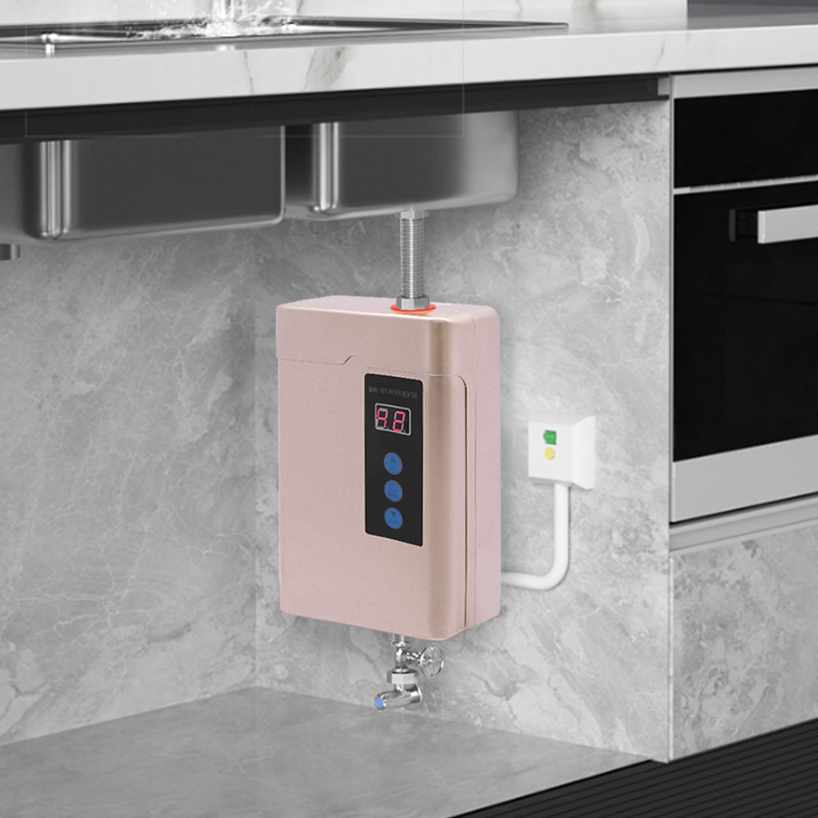 Doorstroomboiler, 230 V, elektrische doorstroomboiler, elektrische boiler, warm water, douche, tankloos, 4000 W, badkamer, keuken, 28-55 °C, 220-240 V, goud