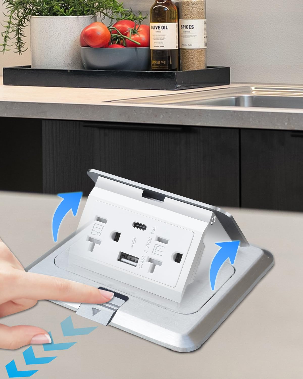 Floor Pop Up Outlet, Pop Up Waterproof Floor Electrical Box with 4.8A USB Chargers and 2 Outlet Receptacle Stainless Steel Cover (Type-C Silver 2pack)