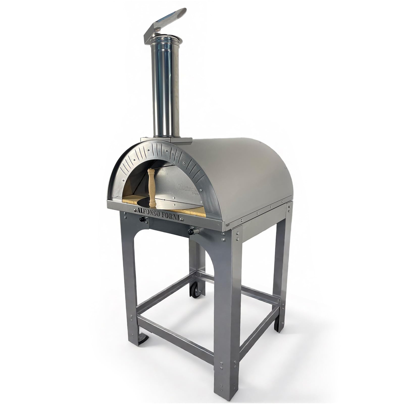 Forno A Legna Da Esterno, Per Pizza Pane - Alfonso 4 Pizze Full Optional Con Carrello In Acciaio Inox - Camera Di Cottura In Mattoni Refrattari 3 cm, Pirometro 500 Gradi, Chiusura Bocca Forno
