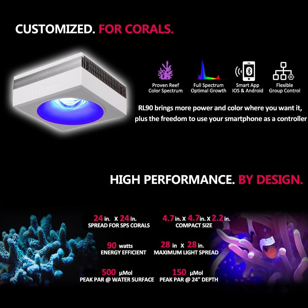 PopBloom RL90 WiFi LED Aquarium Light Full Spectrum Aquarium Reef Led Light, for 72inch 180cm 6ft SPS LPS Marine Reef Coral Tank, App Control (4 RL90FS with arm kit)