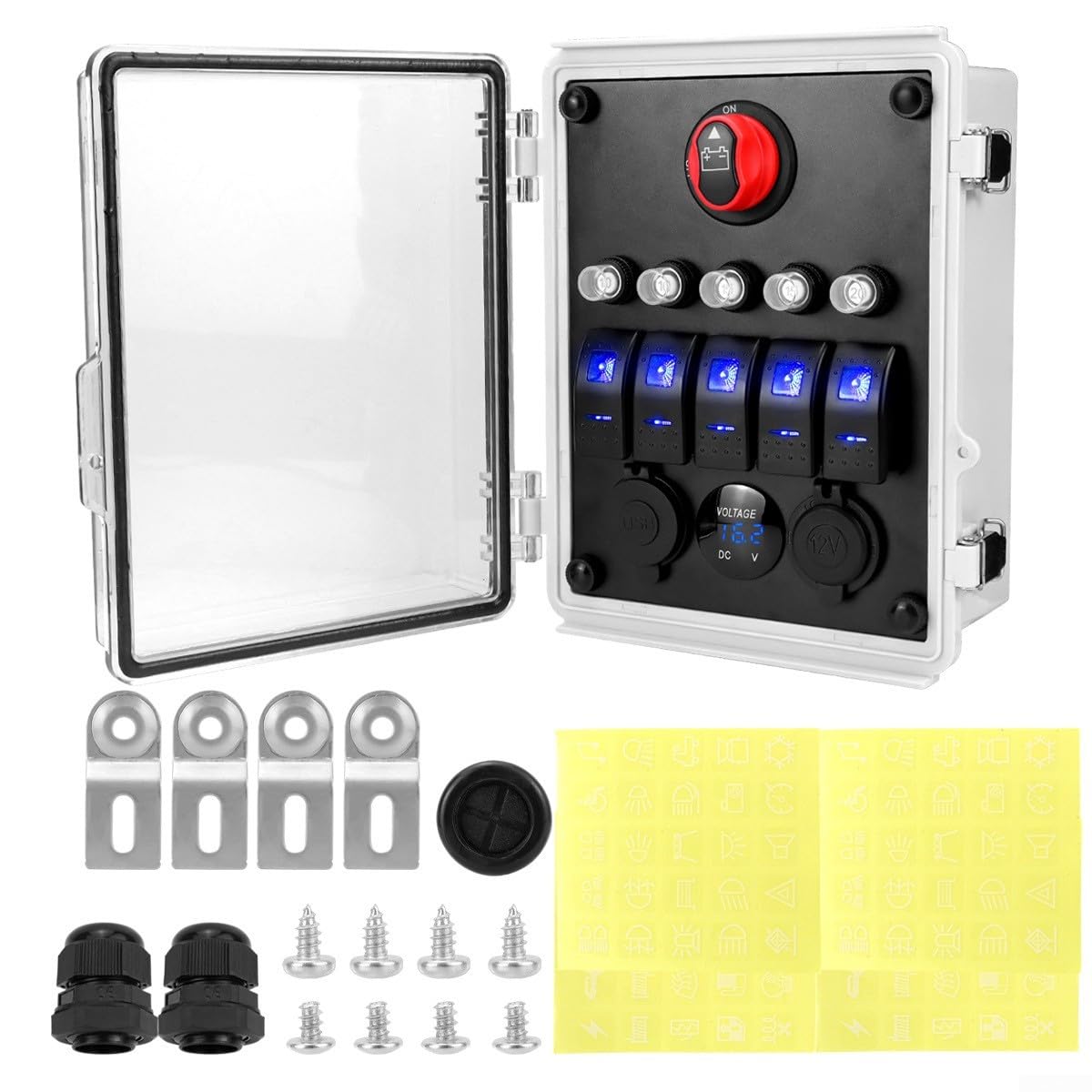 Pannello interruttore a 5 marce, 12 V, illuminato a LED, impermeabile IP65, 12 V, pannello di commutazione a 5 vie con porta USB e voltmetro, pannello interruttore a levetta impermeabile per barca, 12