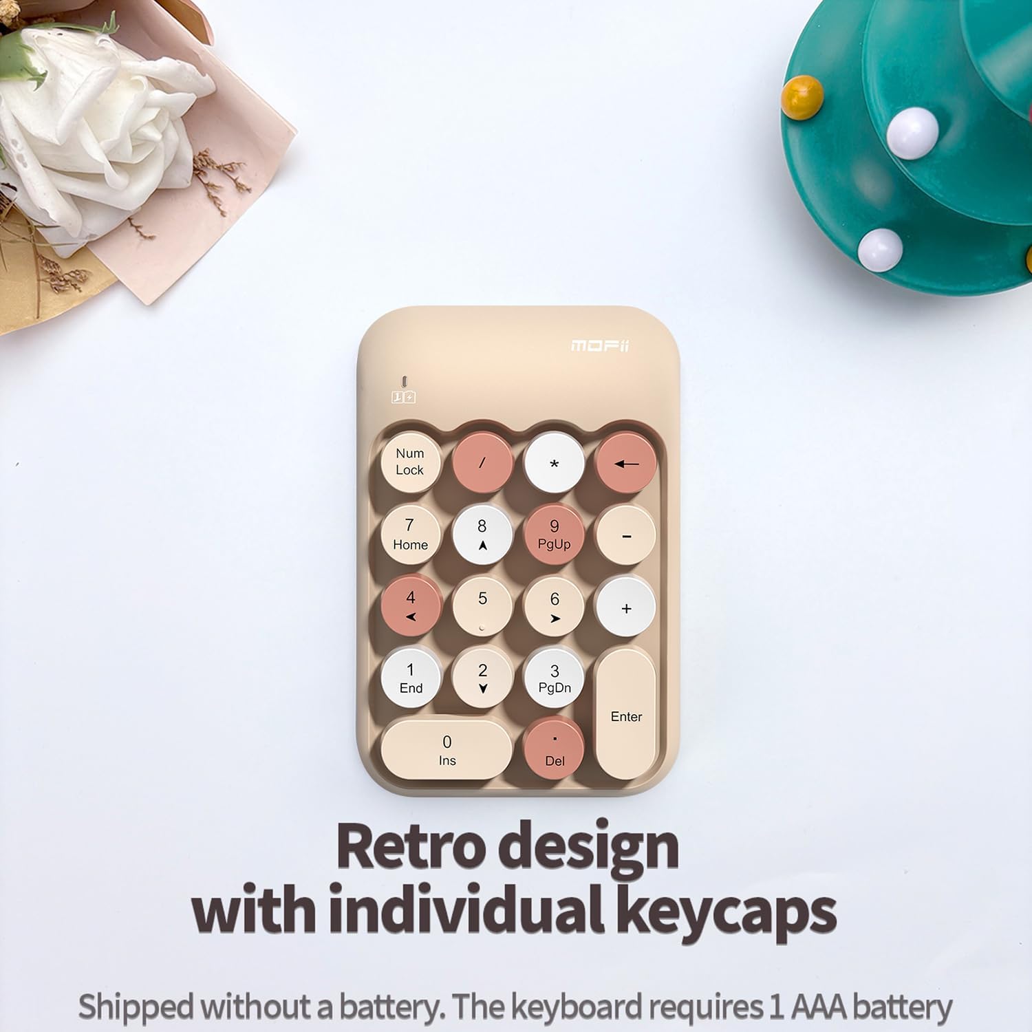Sahara - Wireless Numeric Keypad, Retro Round Keycaps, Portable Number Pad with Ergonomic Design, USB Receiver, Compatible with Laptop/Desktop PC (Sand Beige) image 3