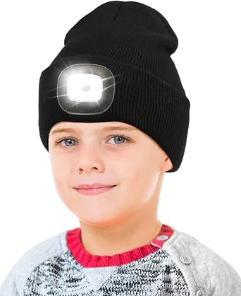 LED Beanie for Kids, Unisex Rechargeable Headlamp Hat Winter Night Lighted Cap, Gifts for Kids Boys Girls