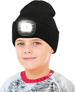 LED Beanie Hat with Light for Kids, Unisex USB Rechargeable Hands Free 4 LED Headlamp Cap Winter Knitted Night Lighted Hat Flashlight Boys Girls Gifts (Black)