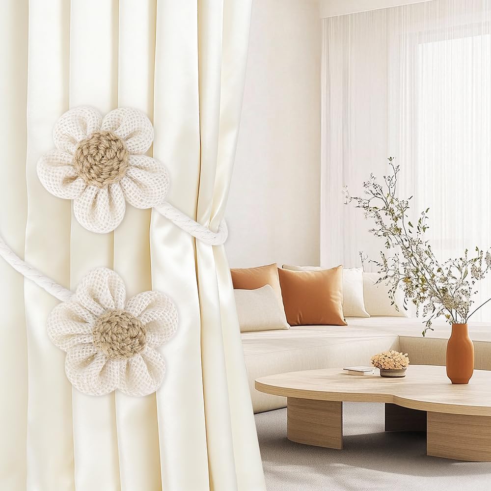 Flower Curtain Tiebacks, 2 Pack Curtain Tie Backs Decorative Curtains Ties Set DIY Tie Backs Holders for Windows Elegant Curtains Holdbacks for Home Office Bedroom Living Room Decoration(Beige)