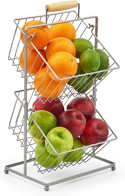 EZOWARE 2 Tier Fruit Racks with Hanging Baskets, Kitchen/Home Produce Countertop Display Holder Stand - Chrome