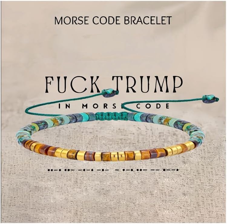 LIU JUN Fck Trump Morse Code Bracelet For Women, Adjustable Natural Tiger Eye African Turquoise Anti Trump Bead Wrap Bracelets With Hidden Message Stackable Funny Gift Jewelry