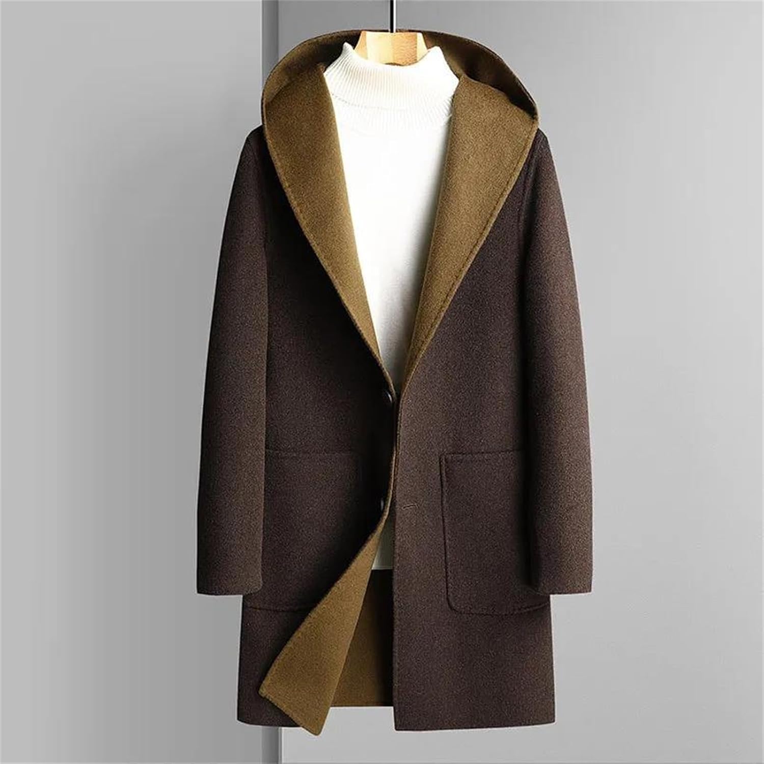 Men Hooded Double Sided Wool Blend Trench Coats Thick Warm Long Jackets Winter Casual Overcoat