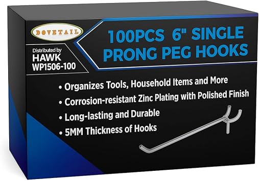 DOVETAIL (100 Pack) 6 (15.2 cm) Peg Board Hooks | Double Prong | Corrosion-Resistant Zinc Plating | Ideal for Store Displays & Workshops