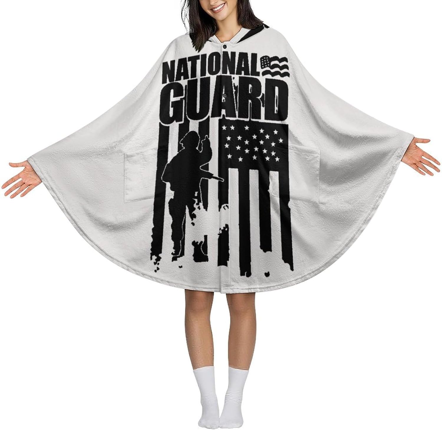 National Guard Patriotic U.S.A. Flag Wearable Blanket with Hooded Flannel Blankets Cape with Pocket