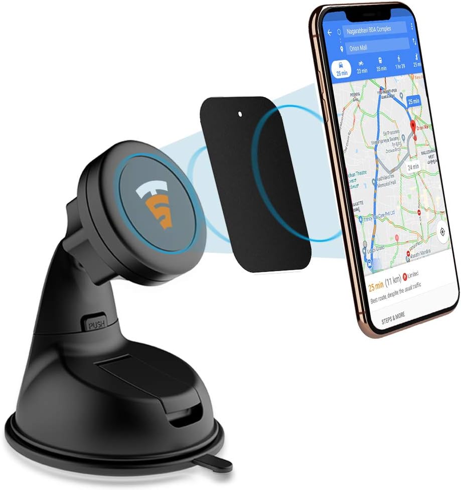 Magback Universal 360 Degree Rotation Magnetic Mobile Holder for Car Dashboard Windscreen or Work Desk for All Smartphones and GPS Accessories with Two Metal Plates