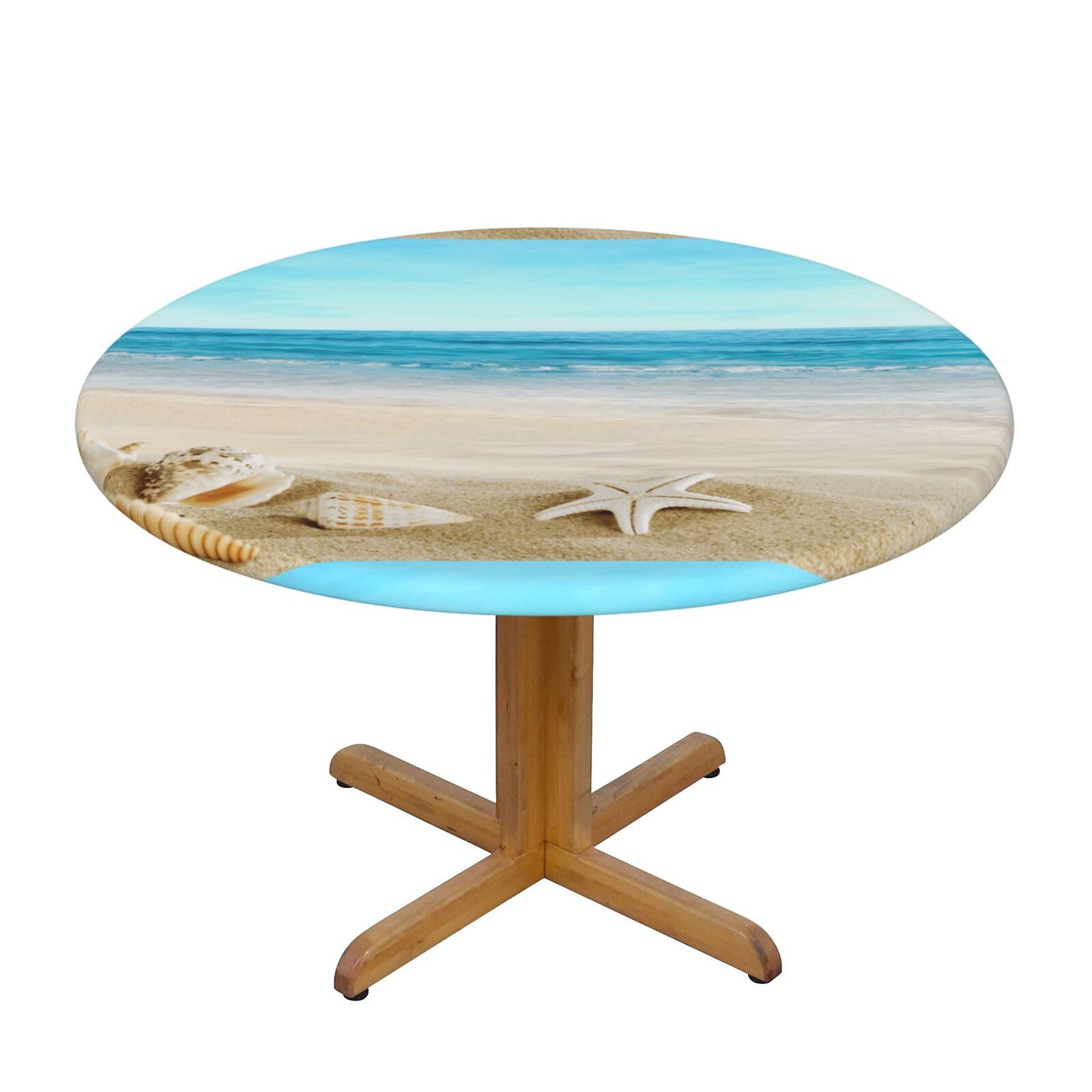 Ffshkowe Seashells Sand Elastic Round Tablecloth Oil Proof Table Cover For Dining Party Picnic