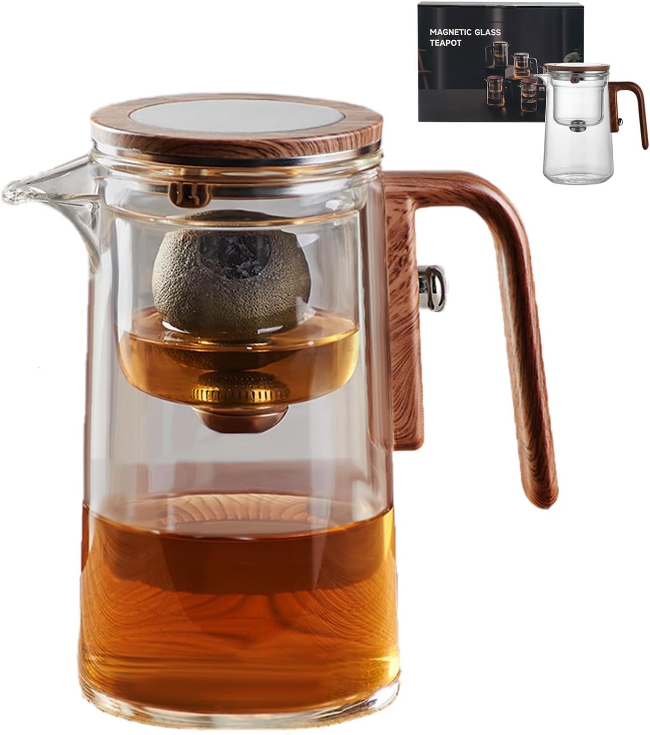 Teiera magica in vetro da 800 ml con dispositivo di infusione e coperchio, separazione dell'acqua e manico in legno, Enchantipot