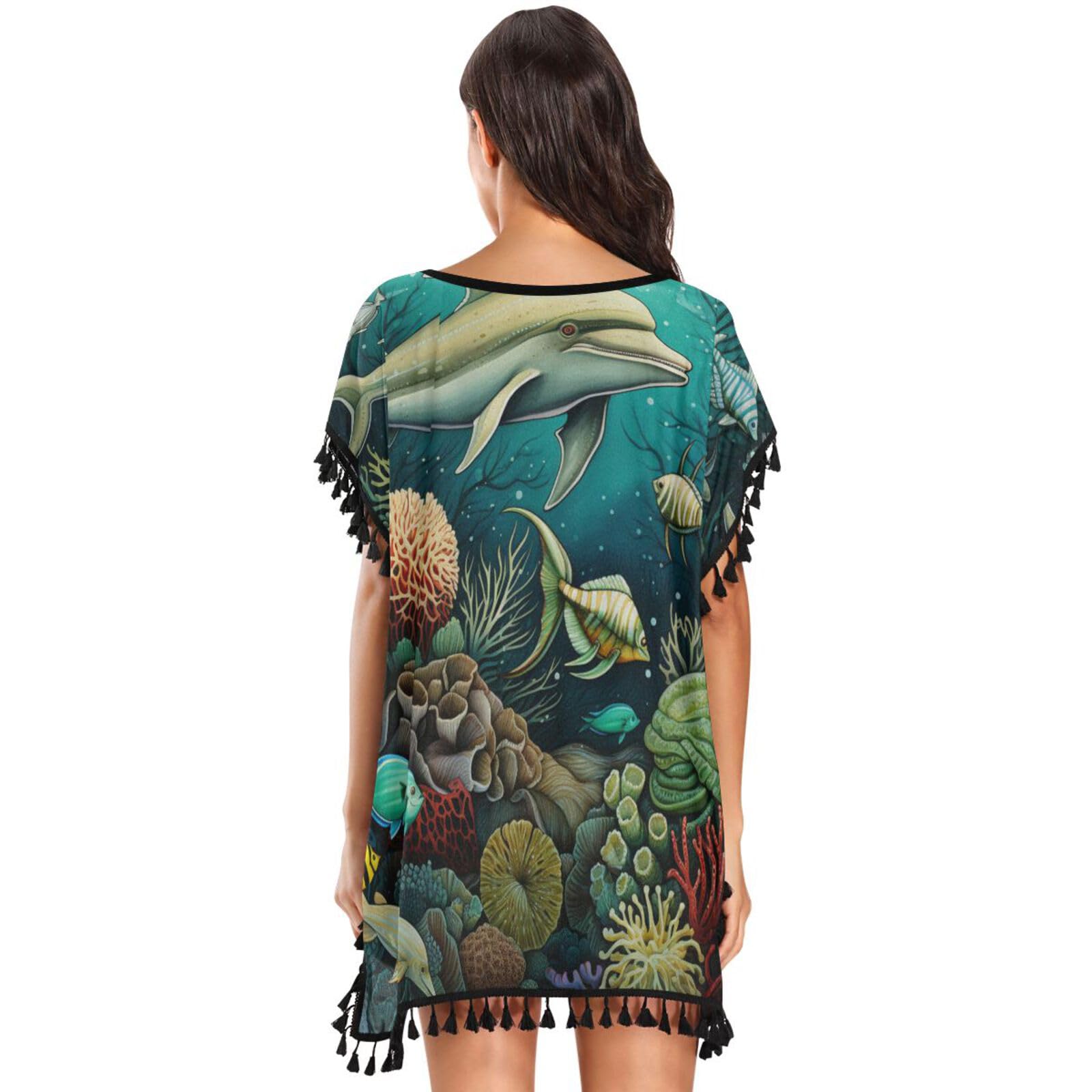 Watercolor Art Sea Whale Women's Beach Cover Up Chiffon Tassel Swimwear Swimsuit Coverups for Girl