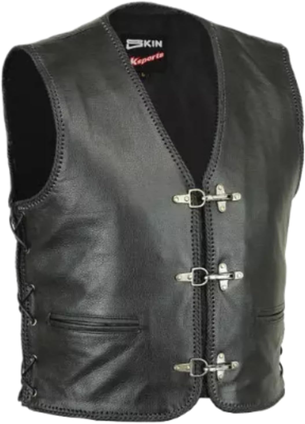 LACE MOTORCYCLE BIKER CLASP FULL LEATHER VEST WAISTCOAT BLACK TASSEL COWHIDE