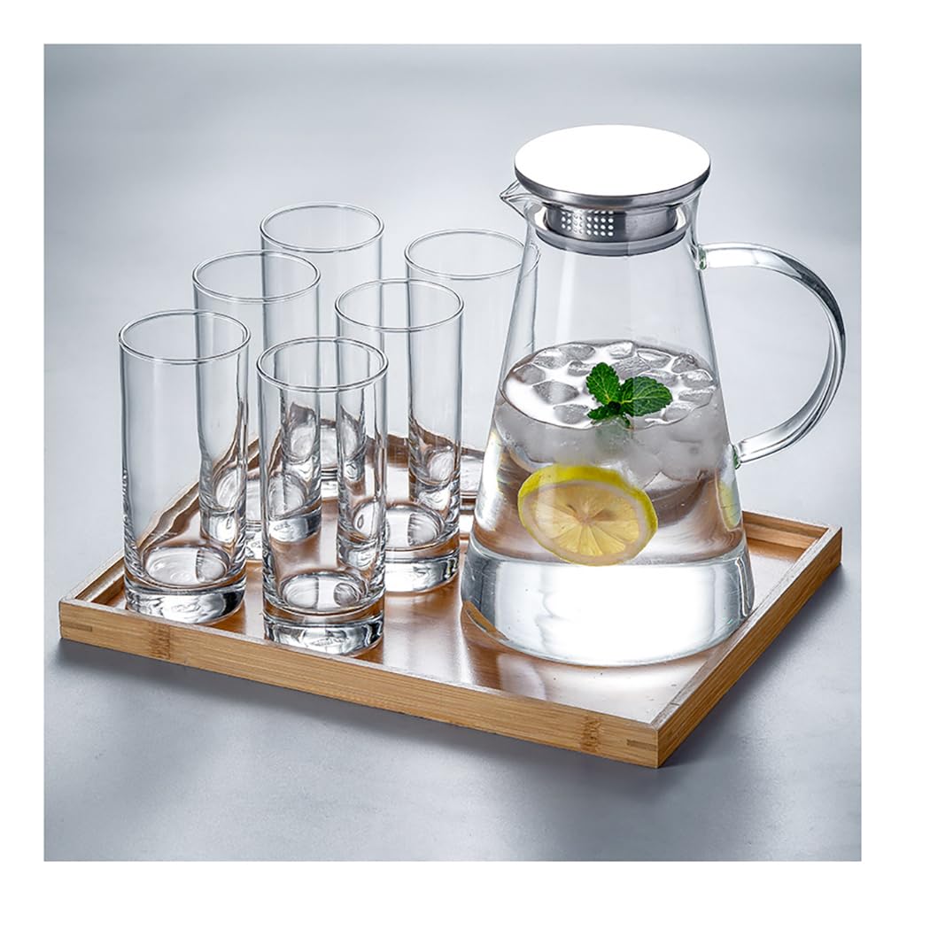 Ecentaur7-Pcs Glass Pitcher Set Jug with 6 Water Glasses Tumbler Cups Lid Carafe Jug with Spout Handle for Hot/Cold Tea Beverage